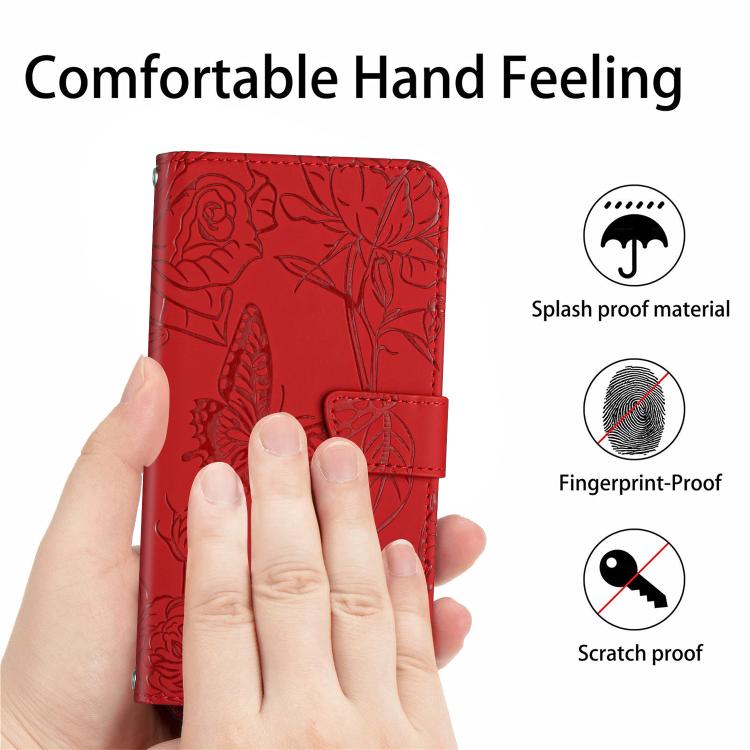 Funda de cuero con tapa y diseño de mariposas en relieve para Infinix Smart 10 Plus 4G (roja)