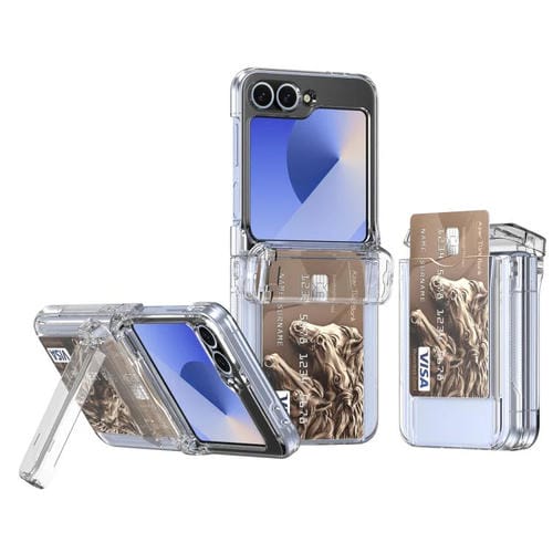 Funda teléfono Samsung Galaxy Z Flip5 5G plegable con ranura tarjeta cadena goma soporte (Transparente)