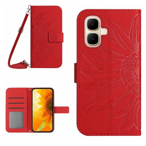 Funda de cuero con tapa y cordón para Infinix Smart 10 4G / Tecno Pop 10, con diseño de girasol en relieve y tacto suave (roja)
