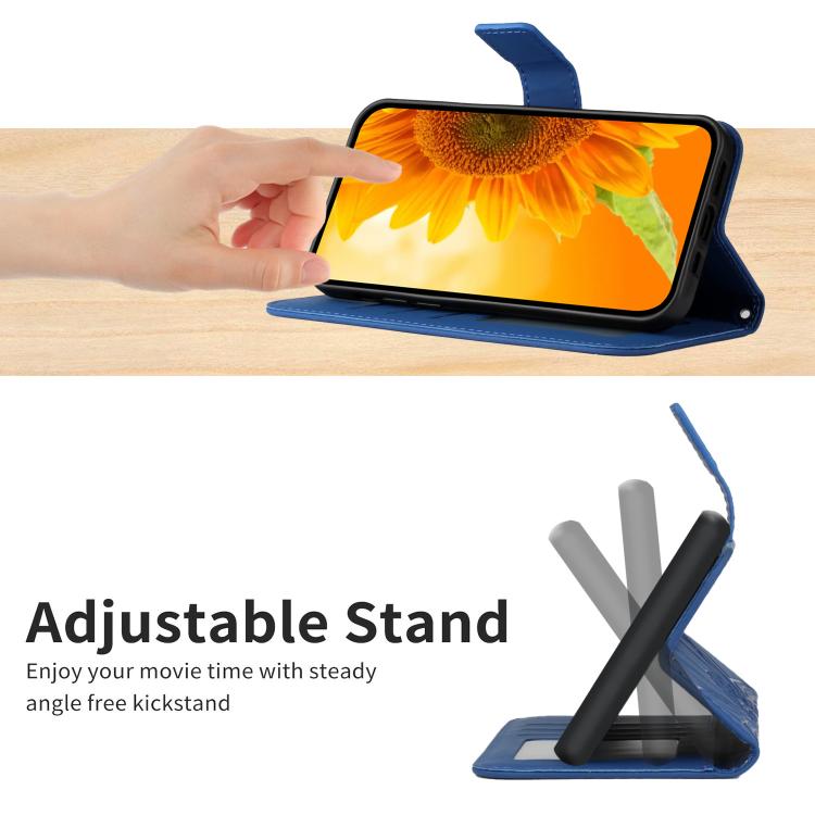Funda de cuero con tapa y cordón para Infinix Smart 10 4G / Tecno Pop 10, con diseño de girasoles en relieve y tacto suave (azul oscuro)
