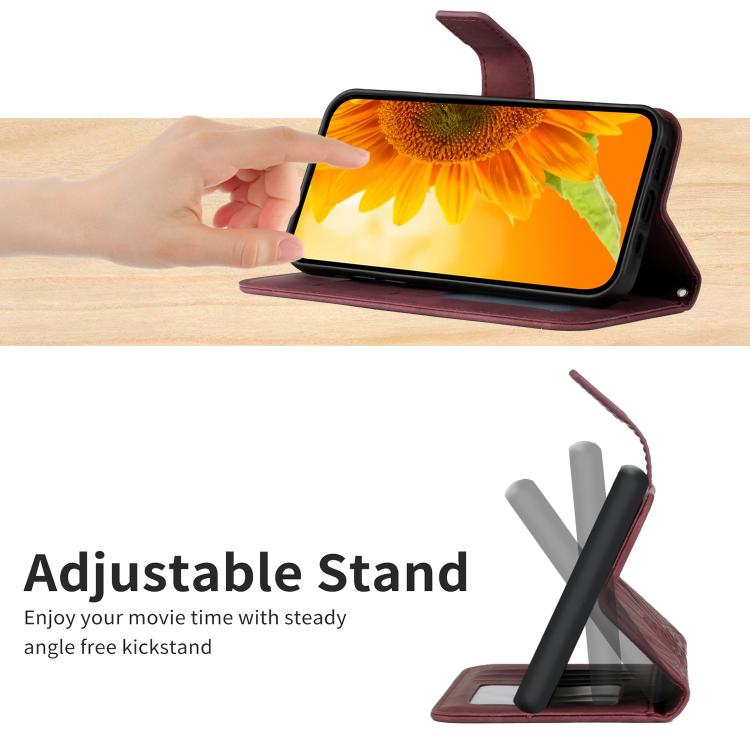 Funda de cuero con tapa y cordón para Infinix Smart 10 4G / Tecno Pop 10, con diseño de girasoles en relieve y tacto suave (rojo vino)