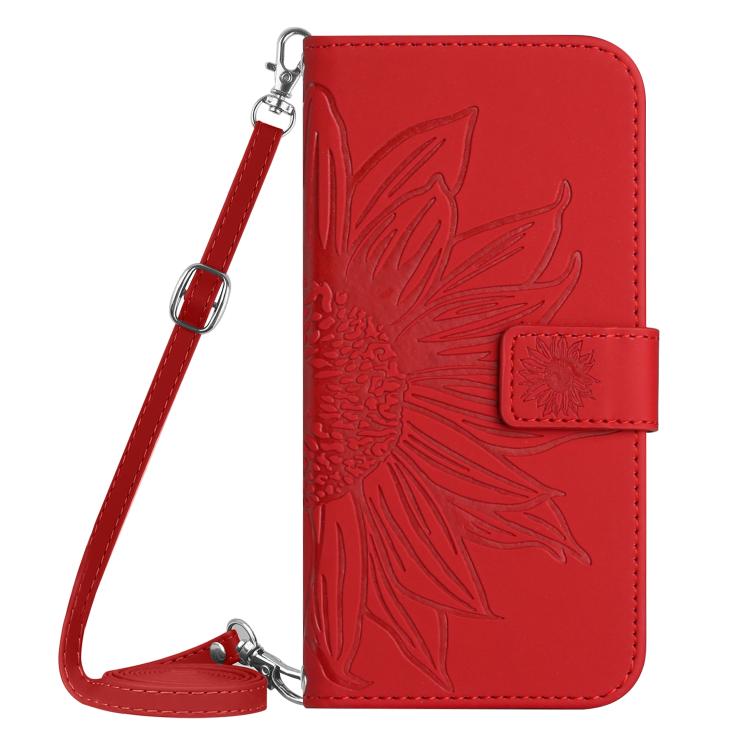 Funda de cuero con tapa y cordón para Infinix Smart 10 Plus 4G, con diseño de girasol en relieve y tacto suave (roja)