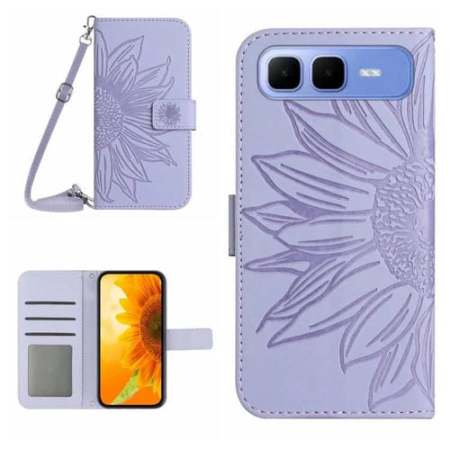 Funda de cuero con tapa y cordón para Infinix Smart 10 Plus 4G, con diseño de girasoles en relieve y tacto suave (morado)