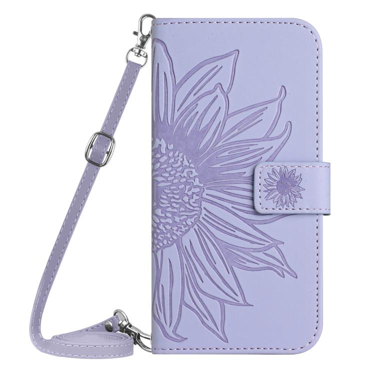 Funda de cuero con tapa y cordón para Infinix Smart 10 Plus 4G, con diseño de girasoles en relieve y tacto suave (morado)