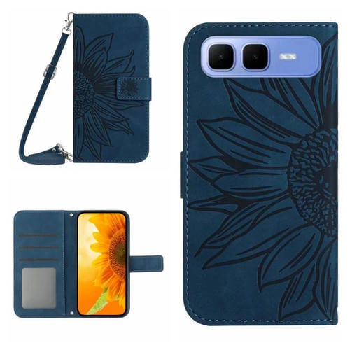 Funda de cuero con tapa y cordón para Infinix Smart 10 Plus 4G, con diseño de girasoles en relieve y tacto suave (azul tinta)