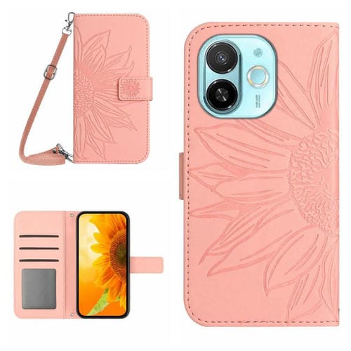 Funda de Cuero con Tapa y Cordón para Tecno Spark 30C 5G con Diseño Girasol (Rosa)