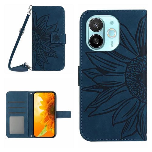 Funda de Cuero con Tapa y Cordón para Tecno Spark 30C 5G con Diseño de Girasol (Azul Tinta)