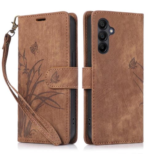 Funda para Samsung Galaxy A16 5G Cuero Relieve Mariposa y Orquídea (Marrón)
