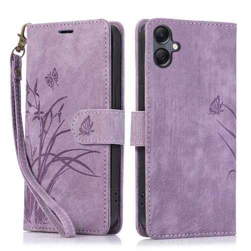 Funda de Cuero Samsung Galaxy A06 Relieve Mariposa y Orquídea (Morado)