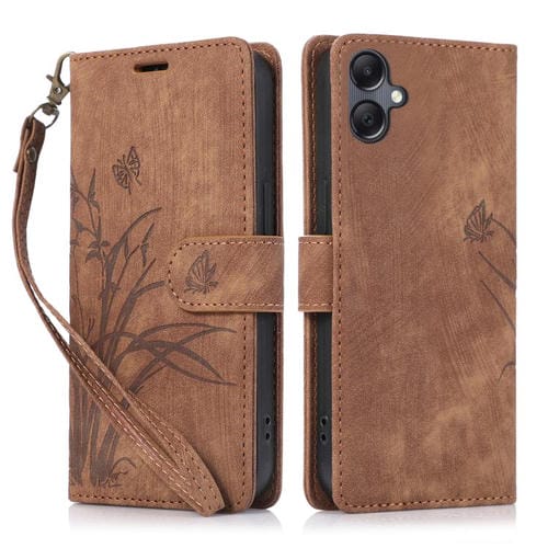 Funda de Cuero Samsung Galaxy A06 con Relieve Mariposa y Orquídea (Marrón)