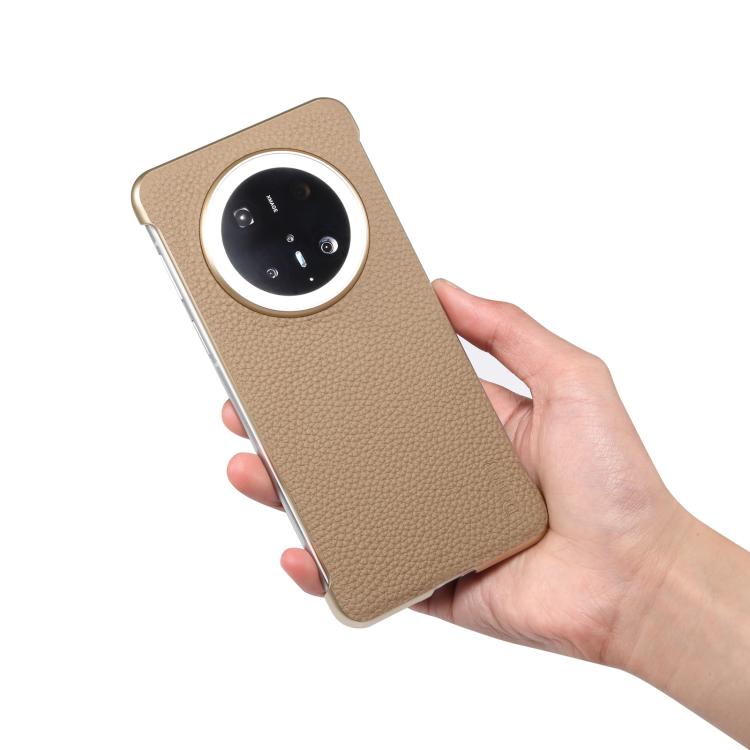 Funda de Cuero Genuino con Textura de Lichi Magsafe sin Marco para Huawei Mate 60 Denior A20 (Caqui)
