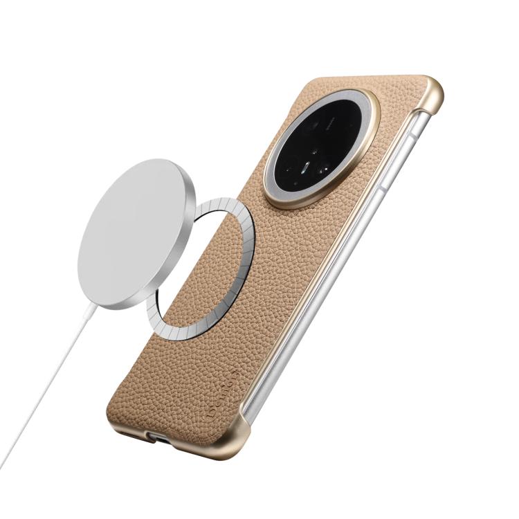 Funda de Cuero Genuino con Textura de Lichi Magsafe sin Marco para Huawei Mate 60 Denior A20 (Caqui)