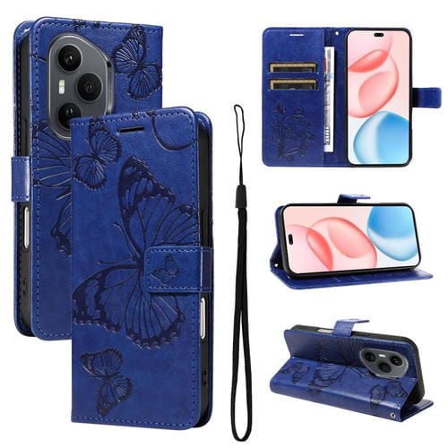 Funda de cuero con tapa y diseño de mariposa en relieve 3D para Honor 400 Pro Global (160,8 mm) (azul)