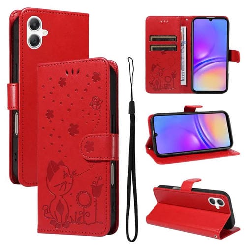 Funda de piel con tapa y diseño de gato y abeja para Samsung Galaxy A07 5G (roja)