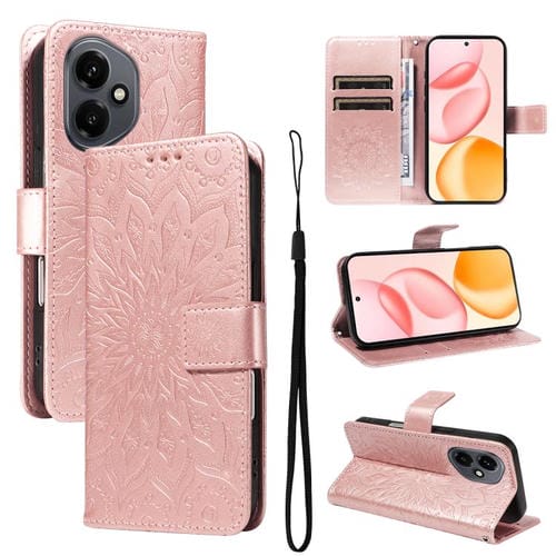 Funda de cuero con tapa y estampado de girasoles en relieve para Honor 400 Global (156,5 mm) (rosa)