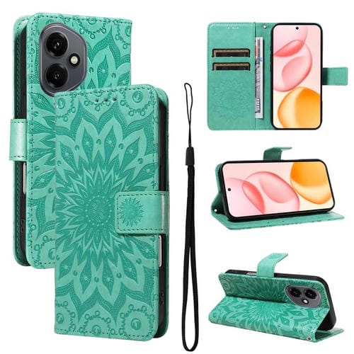 Funda de cuero con tapa y estampado de girasoles en relieve para Honor 400 Global (156,5 mm) (verde)