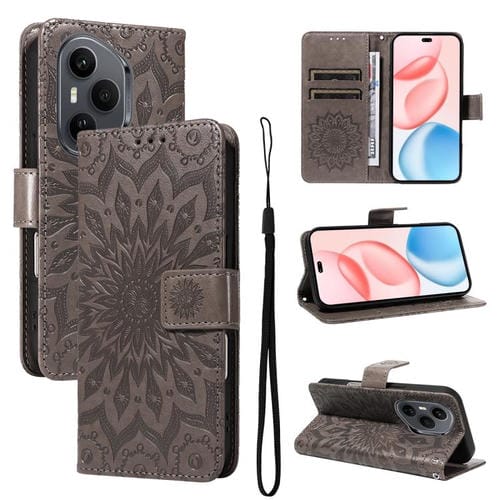 Funda de cuero con tapa y estampado de girasoles en relieve para Honor 400 Pro Global (160,8 mm) (gris)