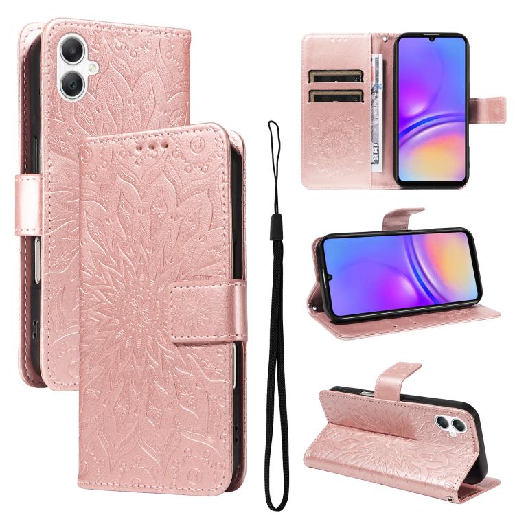 Funda de cuero con tapa y estampado de girasoles en relieve para Samsung Galaxy A07 5G (rosa)