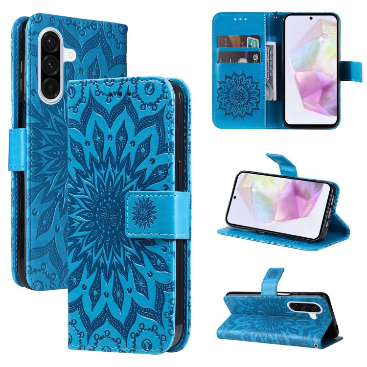 Funda de cuero con tapa y estampado de girasoles en relieve para Samsung Galaxy A36 5G / M56 5G (azul)