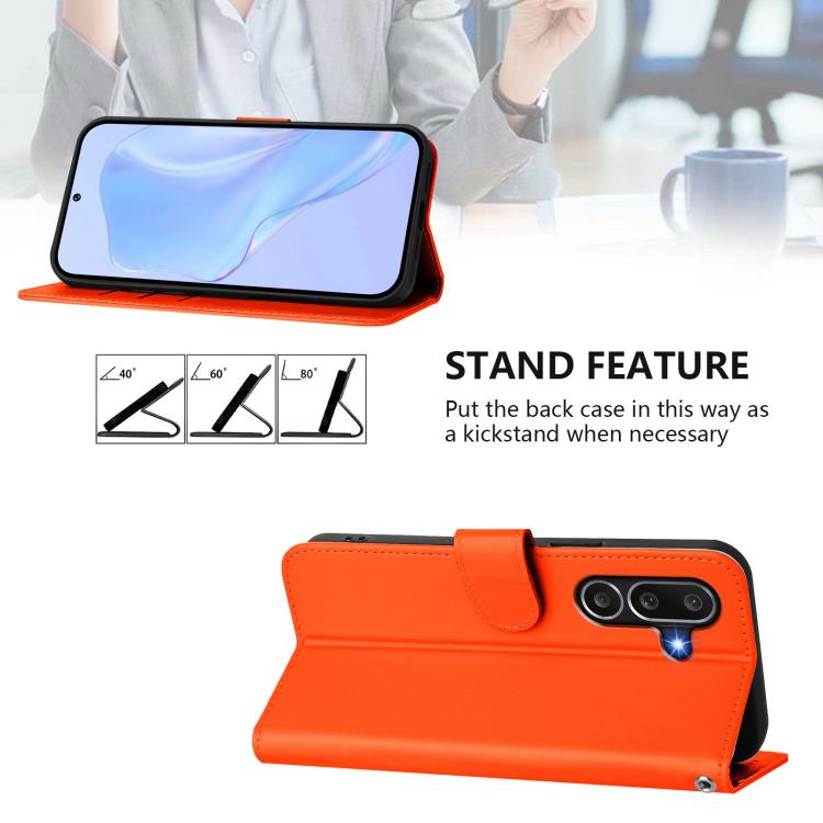 Funda de piel con textura de color liso y cordón para Samsung Galaxy M56 5G (naranja)