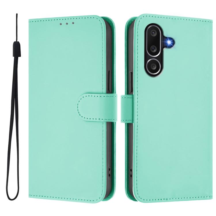 Funda de piel con textura de color liso y cordón para Samsung Galaxy M56 5G (verde menta)