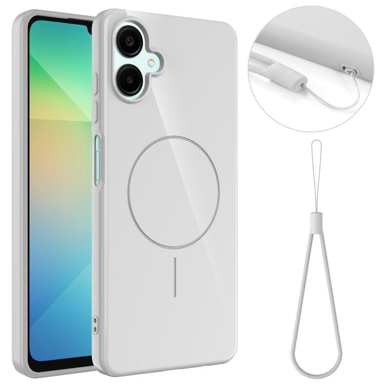Funda MagSafe de TPU brillante a prueba de golpes con cordón para Samsung Galaxy A07 4G (blanca)