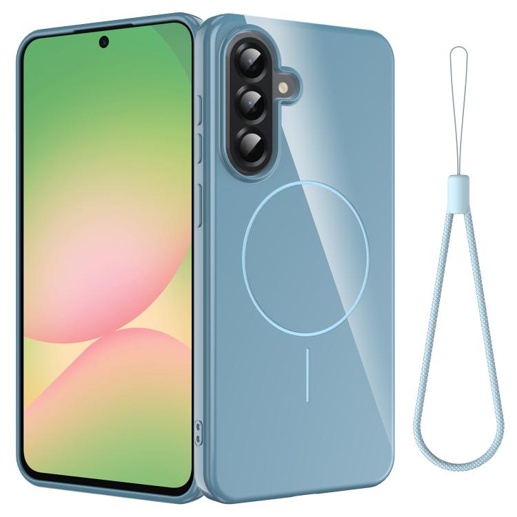 Funda MagSafe de TPU brillante a prueba de golpes con cordón para Samsung Galaxy A17 4G (azul)