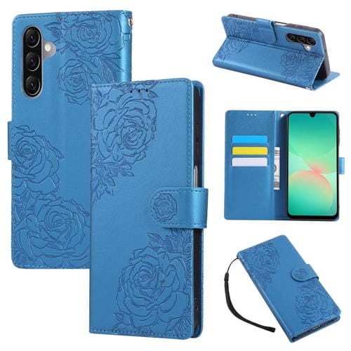 Funda de cuero con relieve de rosa para Samsung Galaxy A17 5G, con 3 ranuras para tarjetas (azul)