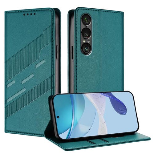 Funda de cuero retro con relieve para Sony Xperia 1 VII (verde oscuro)