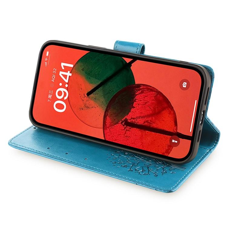 Funda de cuero con relieve de árbol y ciervo para Redmi Note 14S 4G (azul)