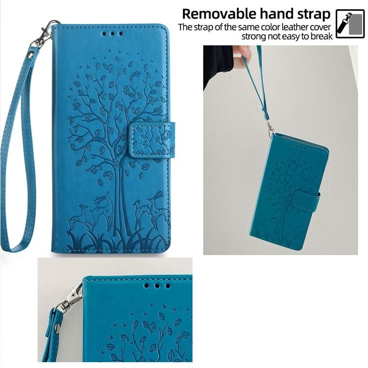 Funda de cuero con relieve de árbol y ciervo para Redmi Note 14S 4G (azul)