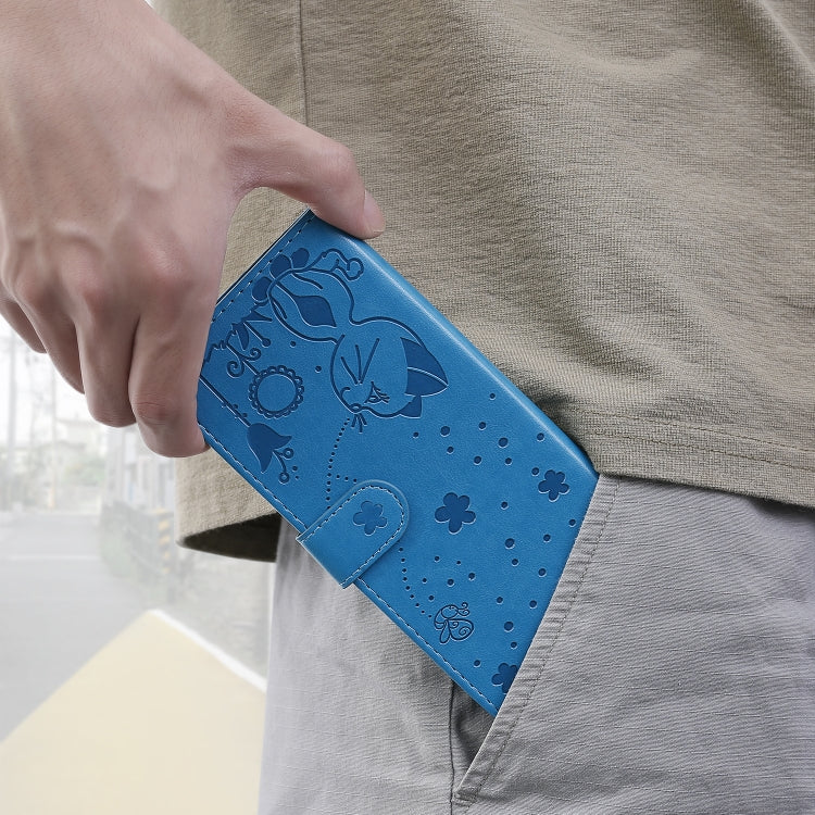 Funda de Cuero iPhone 11 Pro Max Cat Bee Patrón En Relieve Tapa Horizontal Soporte Ranuras Tarjetas Billetera (Azul)