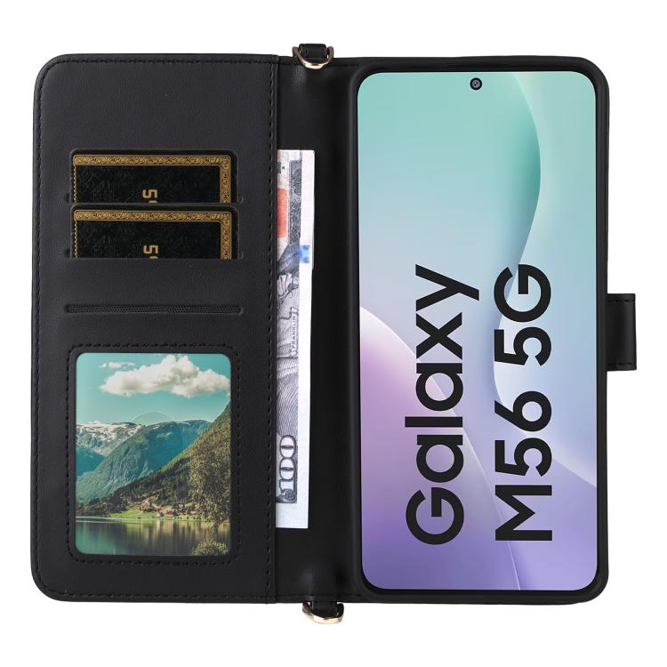 Funda de cuero multifuncional para Samsung Galaxy M56 5G con 6 ranuras para tarjetas y correa para la muñeca (negra)