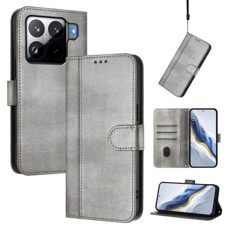 Funda de cuero retro con hebilla de empalme de línea para Xiaomi 15S Pro 5G (gris)