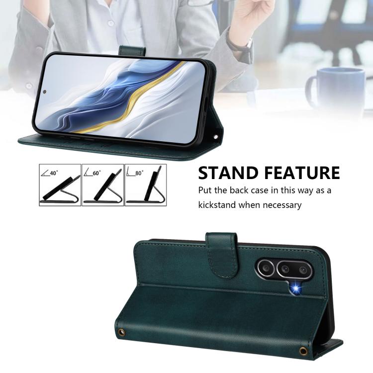Funda de cuero retro con hebilla y empalme de línea para Samsung Galaxy M56 5G (verde oscuro)