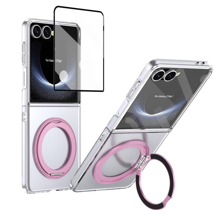 Funda plegable MagSafe para Samsung Galaxy Z Flip7 5G con soporte giratorio de 360 grados y alta transparencia, con tacto de hielo integrado (rosa)