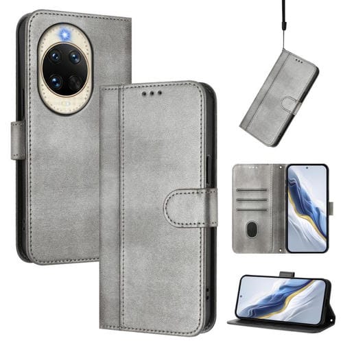Funda de cuero retro con hebilla y empalme de líneas para Huawei Nova 14 (gris)