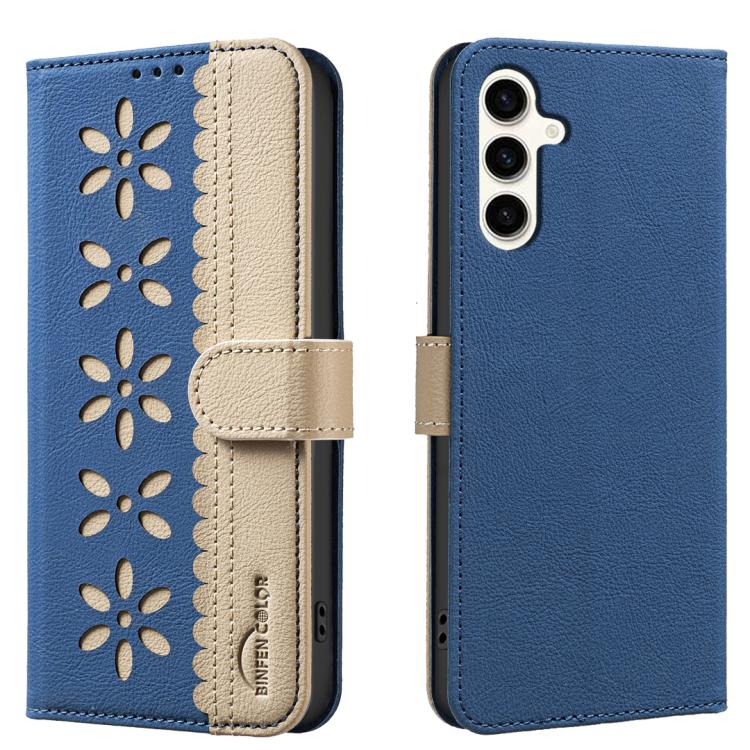 Funda de cuero RFID con estampado floral hueco para Samsung Galaxy S25 FE 5G (azul oscuro)