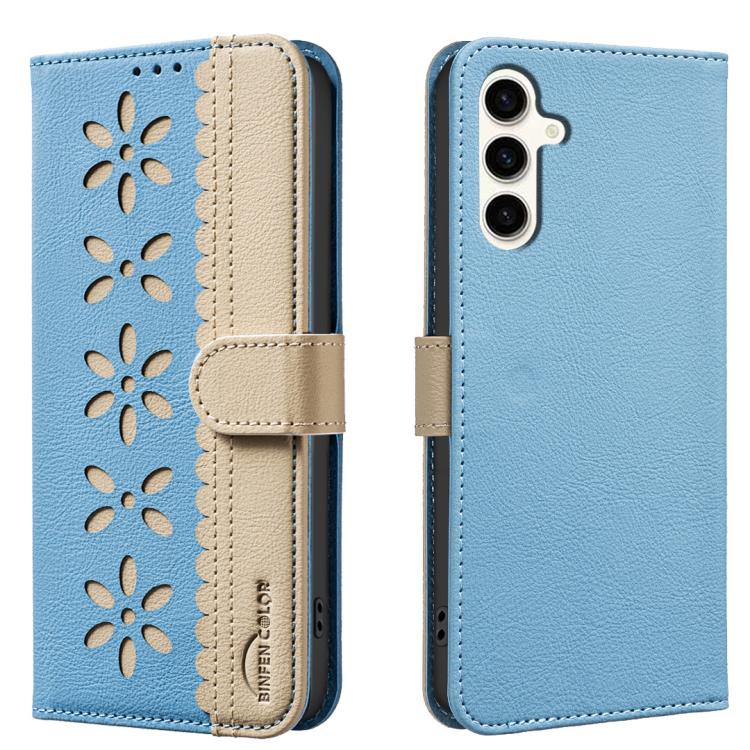 Funda de cuero RFID con estampado floral hueco para Samsung Galaxy S25 FE 5G (azul bebé)
