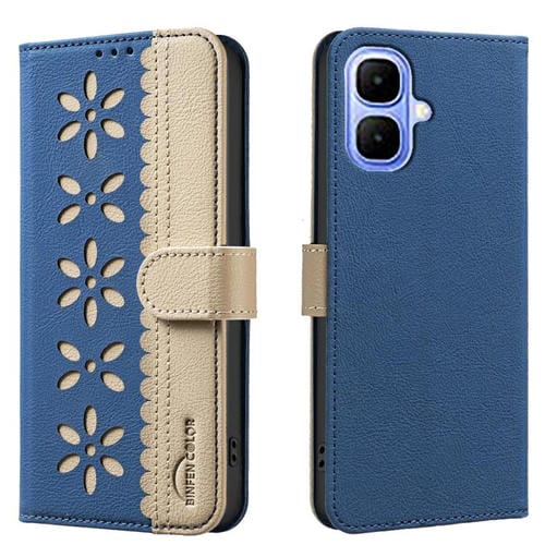 Funda de cuero RFID con estampado floral hueco para Infinix Smart 10 4G (azul oscuro)