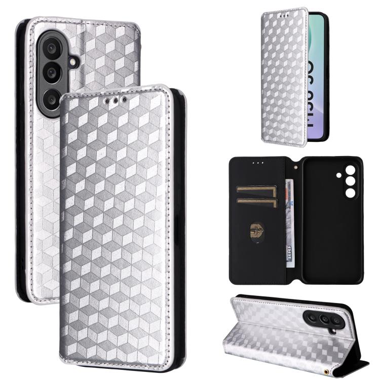 Funda de cuero con tapa y textura de cuadrícula cúbica para Samsung Galaxy M56 5G (plateada)