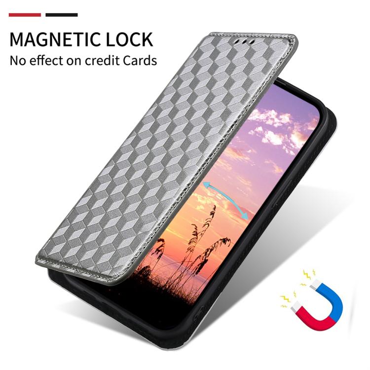 Funda de cuero con tapa y textura de cuadrícula cúbica para Samsung Galaxy M56 5G (plateada)