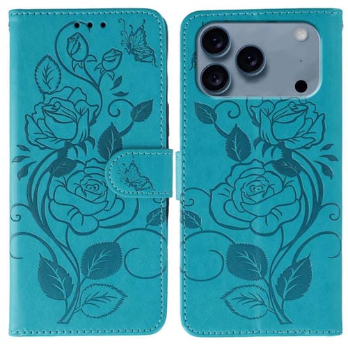 Funda de piel con relieve de mariposa rosa para iPhone 17 Pro (azul)