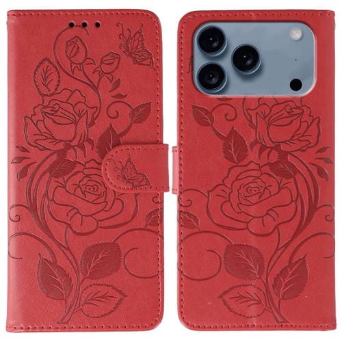 Funda de piel con estampado de mariposa rosa para iPhone 17 Pro (roja)