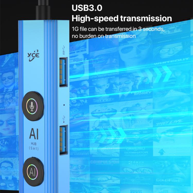 Adaptador concentrador USB-C YCE V295 5 en 1 con IA (Azul)