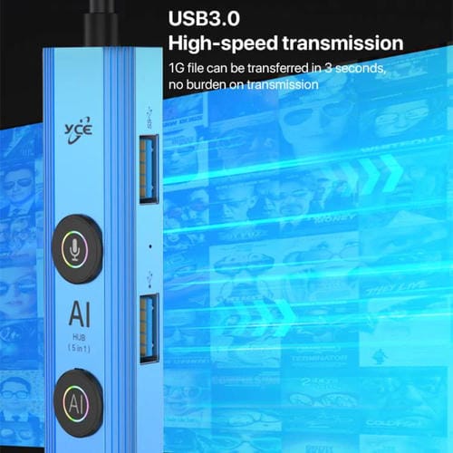 Adaptador concentrador USB 3.0 YCE V295A 5 en 1 con IA (Azul)