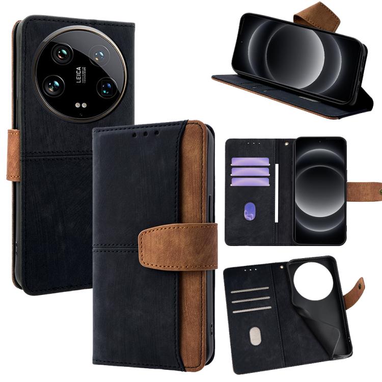 Funda de cuero con costuras de color ultra y bloqueo RFID para Xiaomi 14 Ultra (negra)