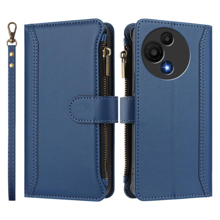Funda de cuero con cierre magnético para TCL 605/60 SE, 9 ranuras para tarjetas, cremallera y correa de mano (azul oscuro)