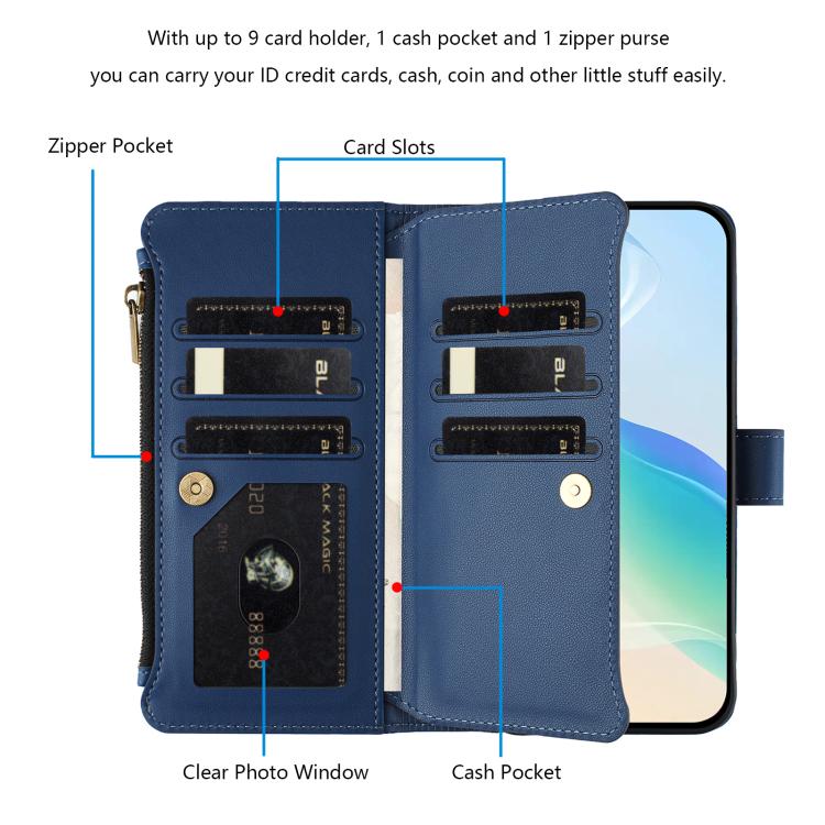 Funda de cuero con cierre magnético para TCL 605/60 SE, 9 ranuras para tarjetas, cremallera y correa de mano (azul oscuro)