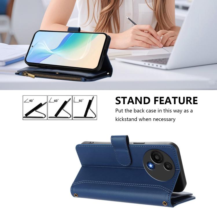 Funda de cuero con cierre magnético para TCL 605/60 SE, 9 ranuras para tarjetas, cremallera y correa de mano (azul oscuro)